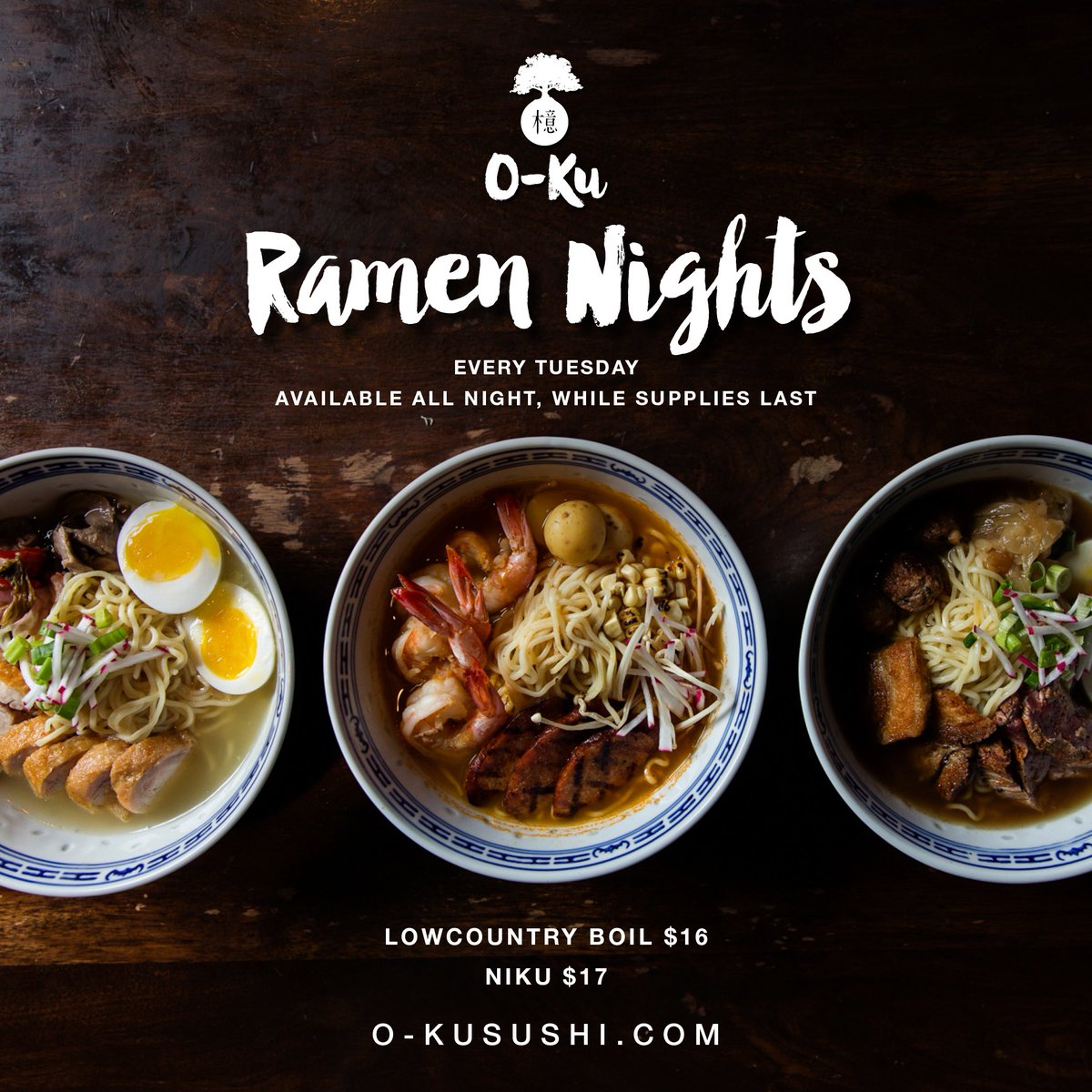 Tuesday's ramen line up: Lowcountry Boil and Niku. We only have a limited supply, so get there early!