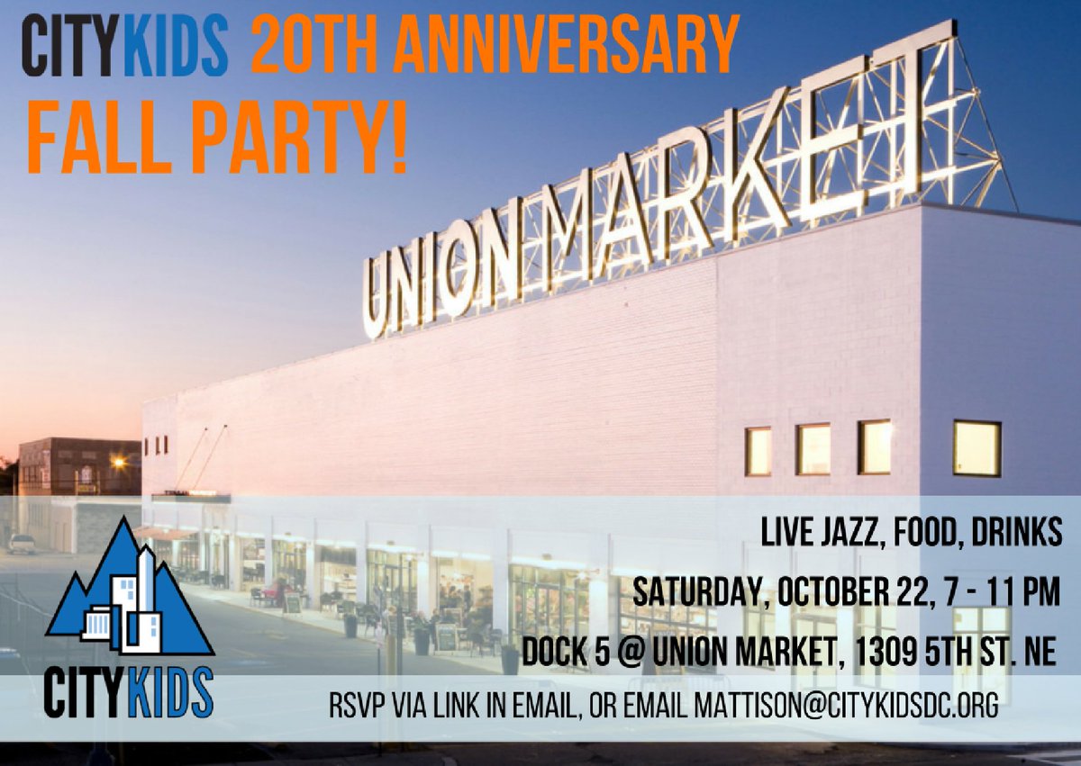 City Kids is throwing a Fall Party this Saturday, 10/22 at Dock 5 at Union Market!
RSVP and learn more at goo.gl/AWpUcQ!