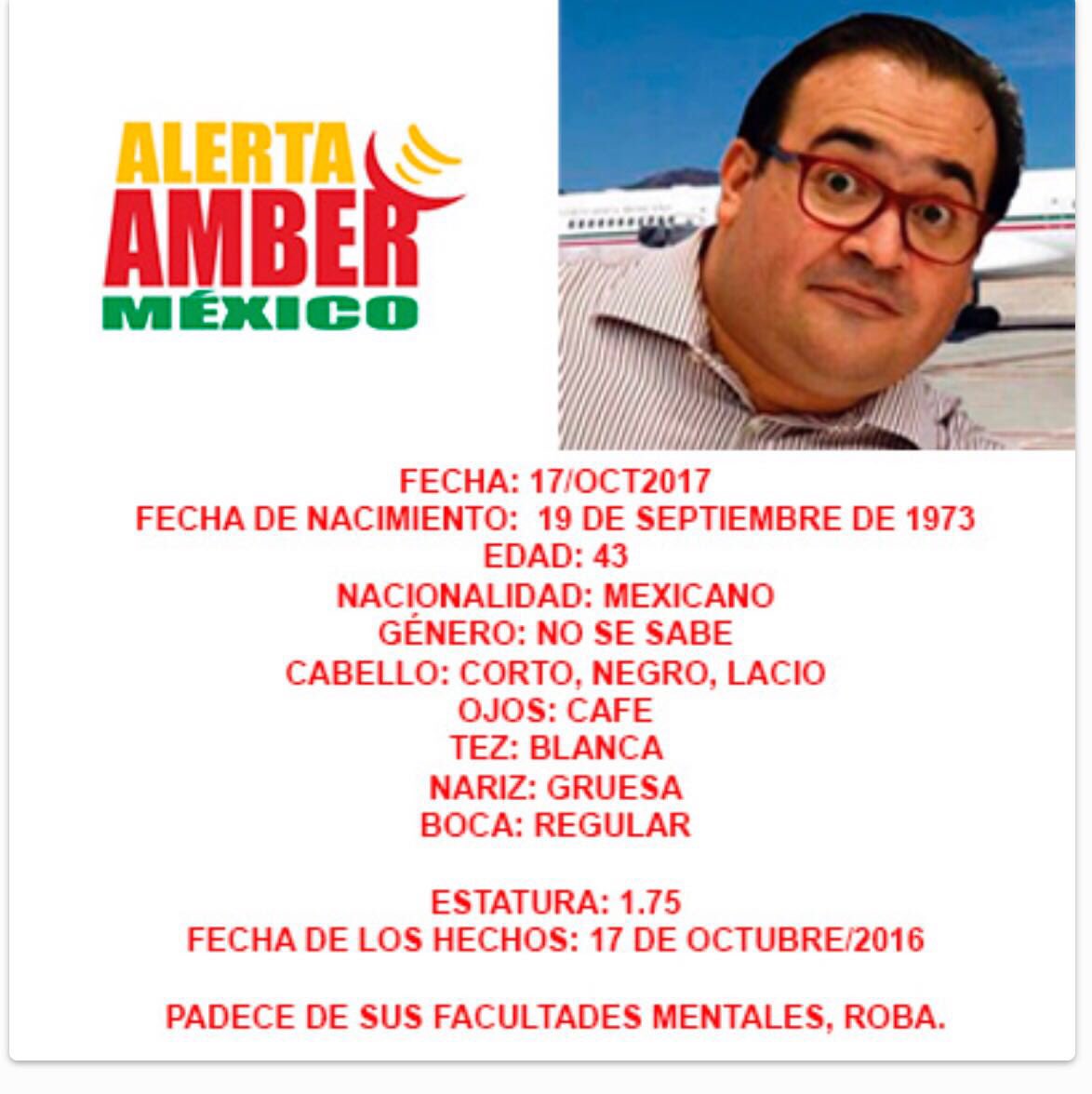 oneamexico's tweet photo. Lanzan "Alerta Amber" (parodia) para encontrar a #JavierDuarte. Aquí les dejamos sus señas particulares: https://t.co/oqDmqvKRdU