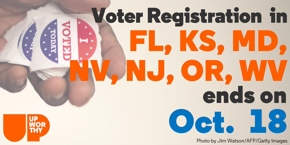 Upworthy's tweet photo. If you live in one of these states, your #VoterRegistration deadline is today! #vote2016 #election2016 https://t.co/2Rk6owD8KQ