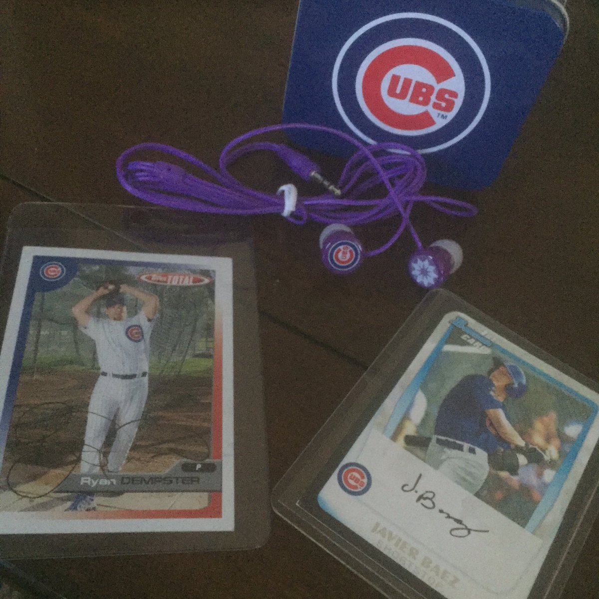 NotBenZobrist's tweet photo. GIVEAWAY TIME: Signed Dempster  card, Baez Rookie Card (Not Signed), and Cubs headphones. Must Follow, Rt, and Fav to win! https://t.co/ngPbkLEAdw