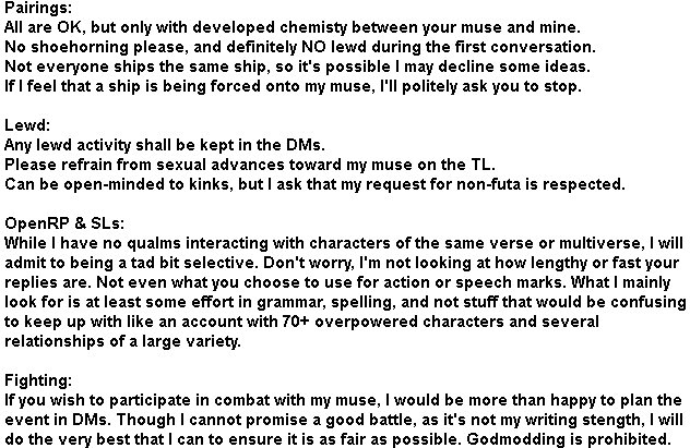 Neosmolitan's tweet photo. // Stuff is subject to change based on circumstance, but this is some basic info.
Posting on this acct. only because I'm on here more often. https://t.co/YwXMdcABvp