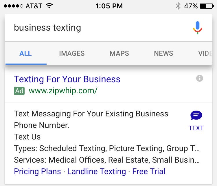 _JoshDaniels's tweet image. OFFICIAL: Google is rolling out the click to SMS for new campaign extensions in Adwords. #PPC