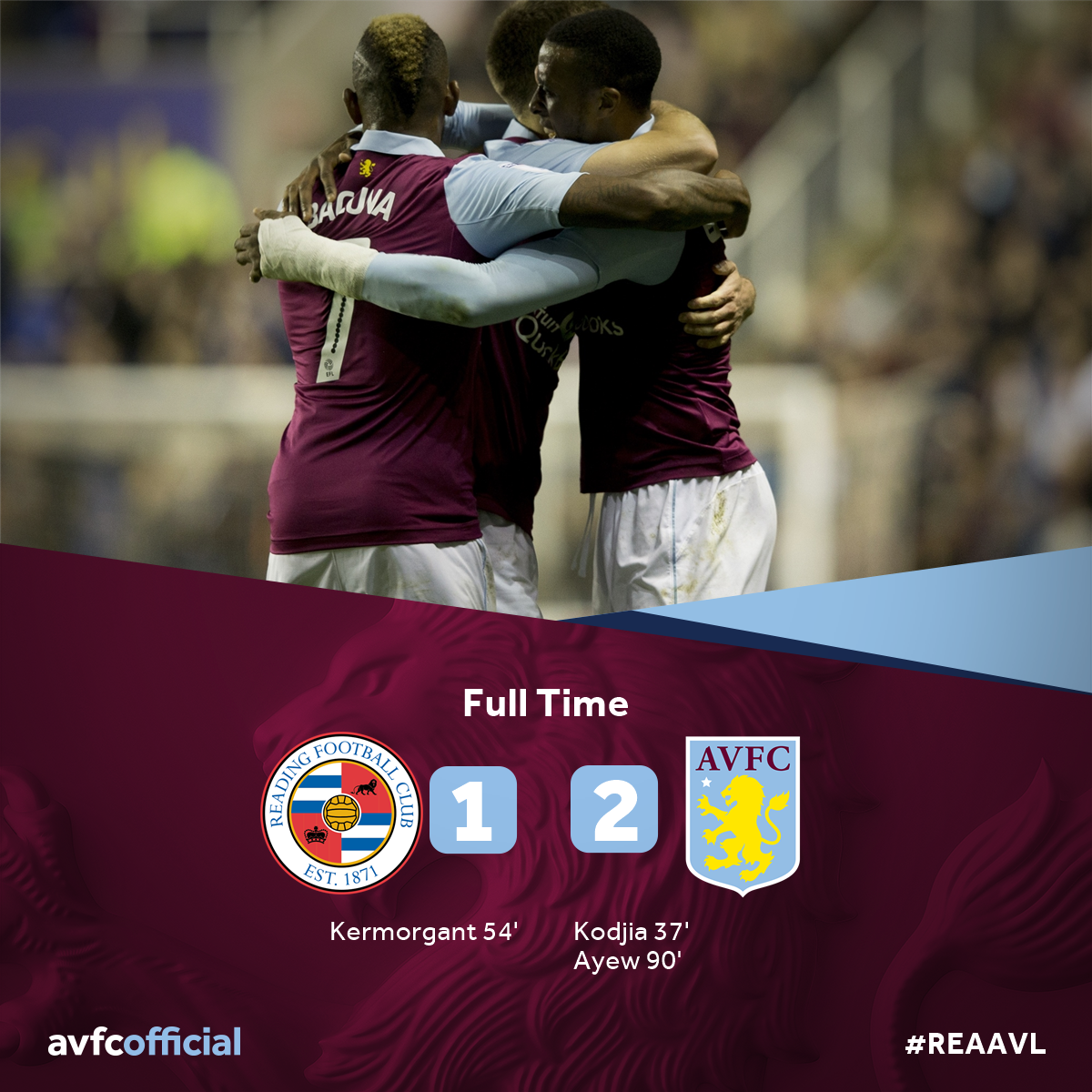 AVFCOfficial's tweet photo. FT: #ReadingFC 1-2 #AVFC - It's victory for the Villa as Jordan Ayew's late penalty earns all three points. 😃😃😃 #REAAVL https://t.co/mnz4mFtbxR