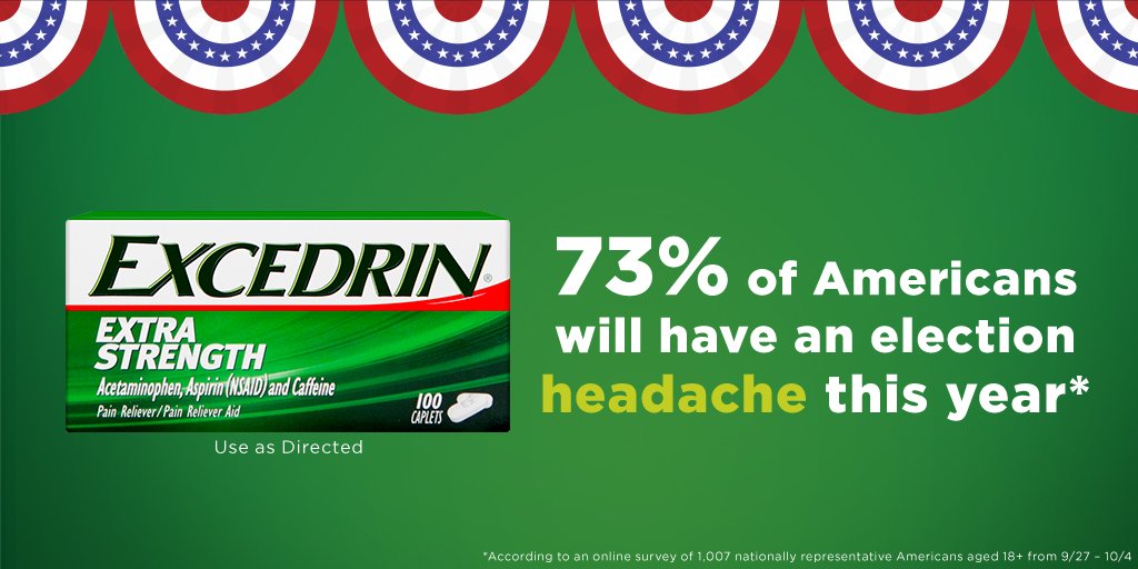 Excedrin's tweet photo. Based on our research, a #DebateHeadache is almost unavoidable. Get ready for it with Excedrin®. https://t.co/Rar0I9qMXQ