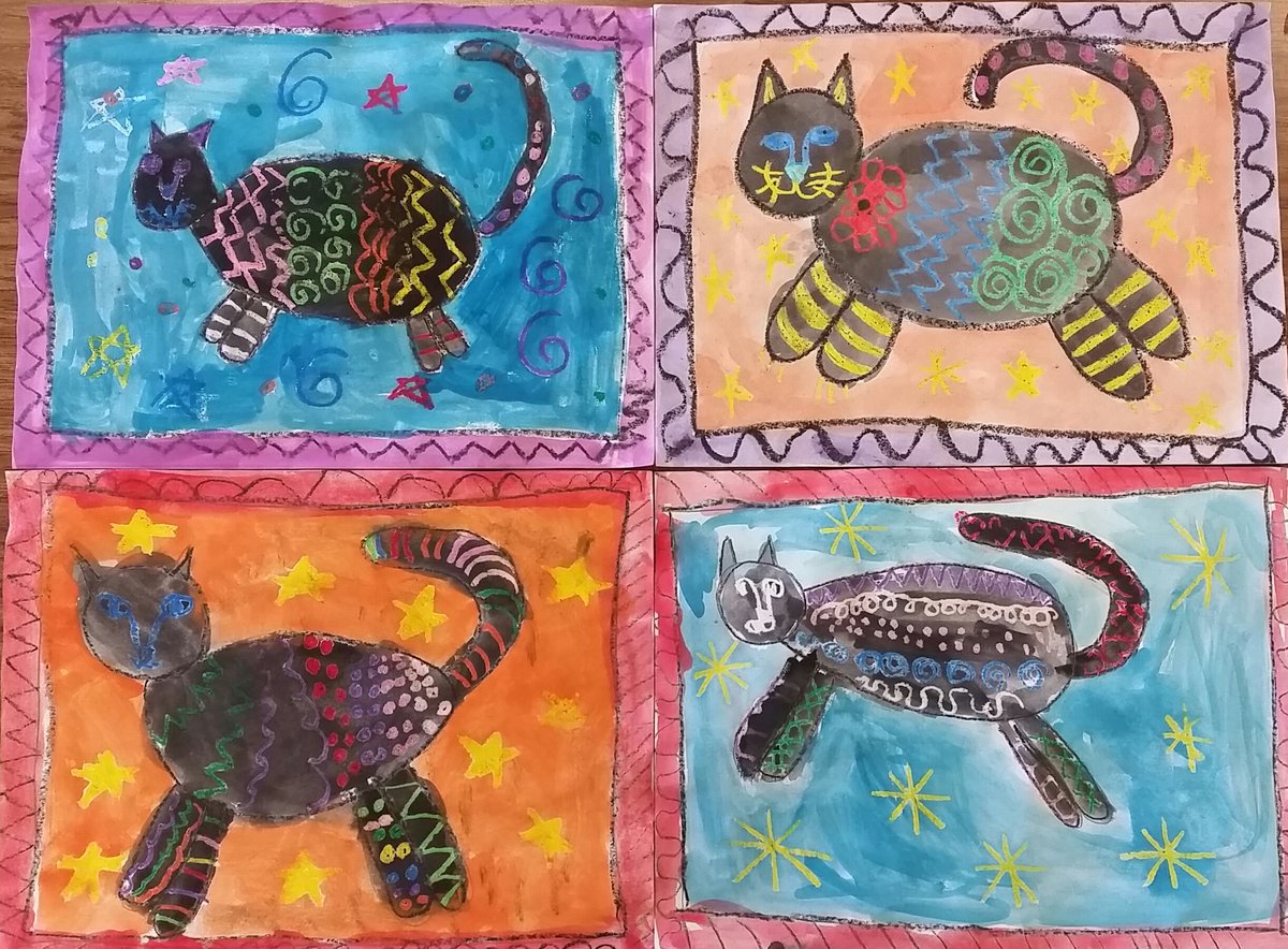 Stipes 2nd graders made fun fall cats using an oil pastel resist technique.. #stallionstrong