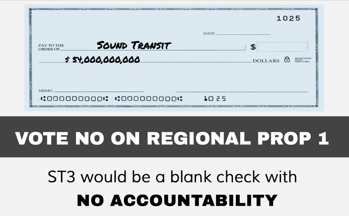 NoSoundTransit3's tweet photo. ST3 is a $54 billion blank check for transit projects that would not be completed until 2041. No Accountability. No Congestion Relief #NoST3 https://t.co/VKCWauEAvO