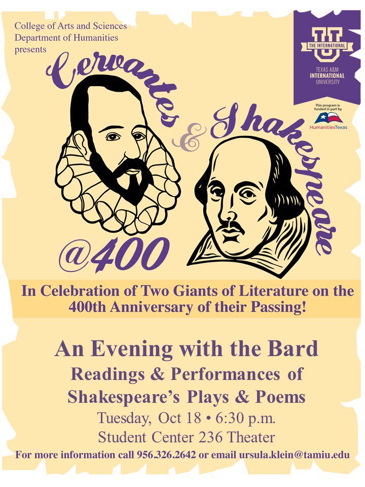 VisitLaredoTx's tweet photo. Tonight at 6:30p "An evening with the Bard" hear @txamiu professors read #Shakespeare at Student Center 236 #theater #cs400 #HolaLaredo https://t.co/6eKkDtt6gi