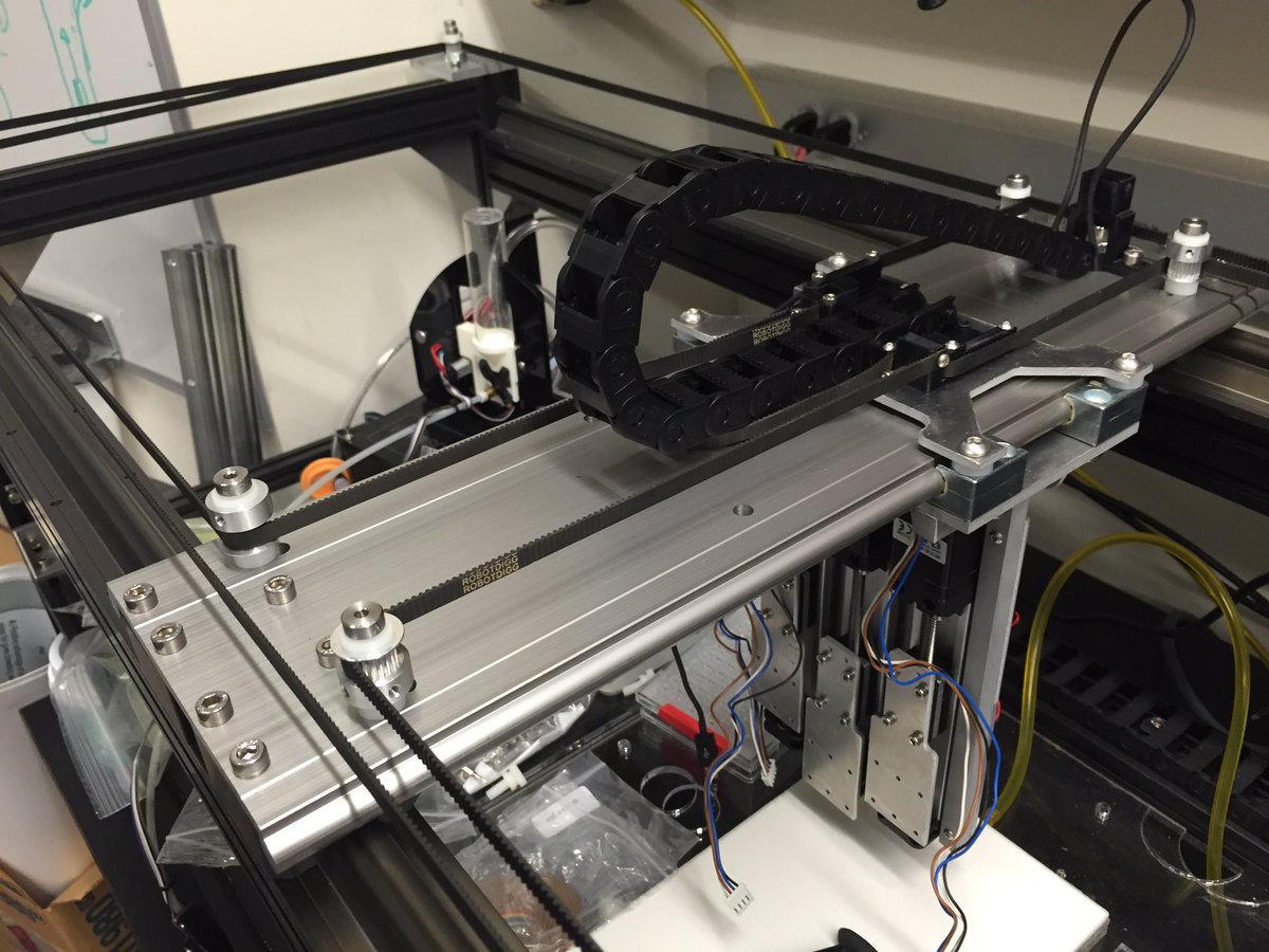 FlySorter's tweet image. A productive afternoon spent assembling more of the motion system - the belts drive the carriage in X &amp;amp; Y. #FlyRobot