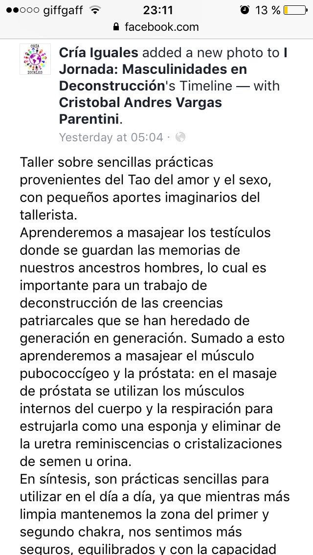 Taller sobre sencillas prácticas provenientes del Tao del amor y el sexo, con pequeños aportes imaginarios del tallerista. Aprenderemos a masajear los testículos donde se guardan las memorias de nuestros ancestros hombres, lo cual es importante para un trabajo de deconstrucción de las creencias patriarcales que se han heredado de generación en generación. Sumado a esto aprenderemos a masajear el músculo pubococcígeo y la próstata: en el masaje de próstata se utilizan los músculos internos del cuerpo y la respiración para estrujarla como una esponja y eliminar de la uretra reminiscencias o cristalizaciones de semen u orina.  En síntesis, son prácticas sencillas para utilizar en el día a día, ya que mientras más limpia mantenemos la zona del primer y segundo chakra, nos sentimos más seguros, equilibrados y con la capacidad de liberarnos del pasado sin sentir que arrastramos cargas. Las biomujeres son bienvenidas a acercarse y observar.  &ldquo;Salud testicular es salud emocional&rdquo;