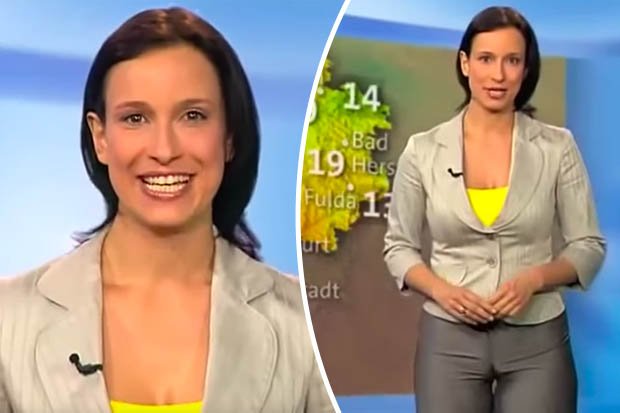 German weather girl reveals accidental camel toe on live telly - but carrie...