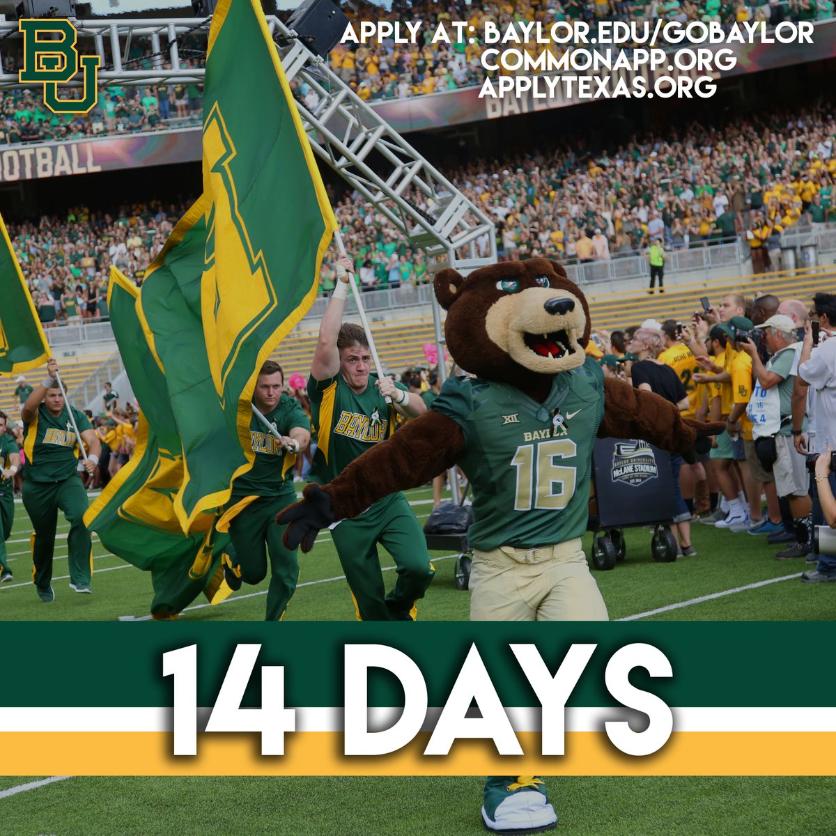 beabaylorbear's tweet photo. Wow! Only 14 days until our Single Choice Early Action and Early Action deadline! Get those applications in! #SicEm #apply2bu #BU21 https://t.co/1Wydl8canf