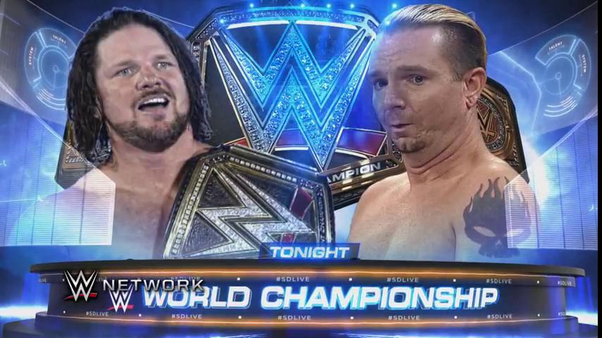 WWE's tweet photo. TONIGHT! Can @RealEllsworth SHOCK the WORLD, and defeat @AJStylesOrg for the @WWE World Title? See it LIVE on #SDLive on @USA_Network! https://t.co/AFuFX0cRGg
