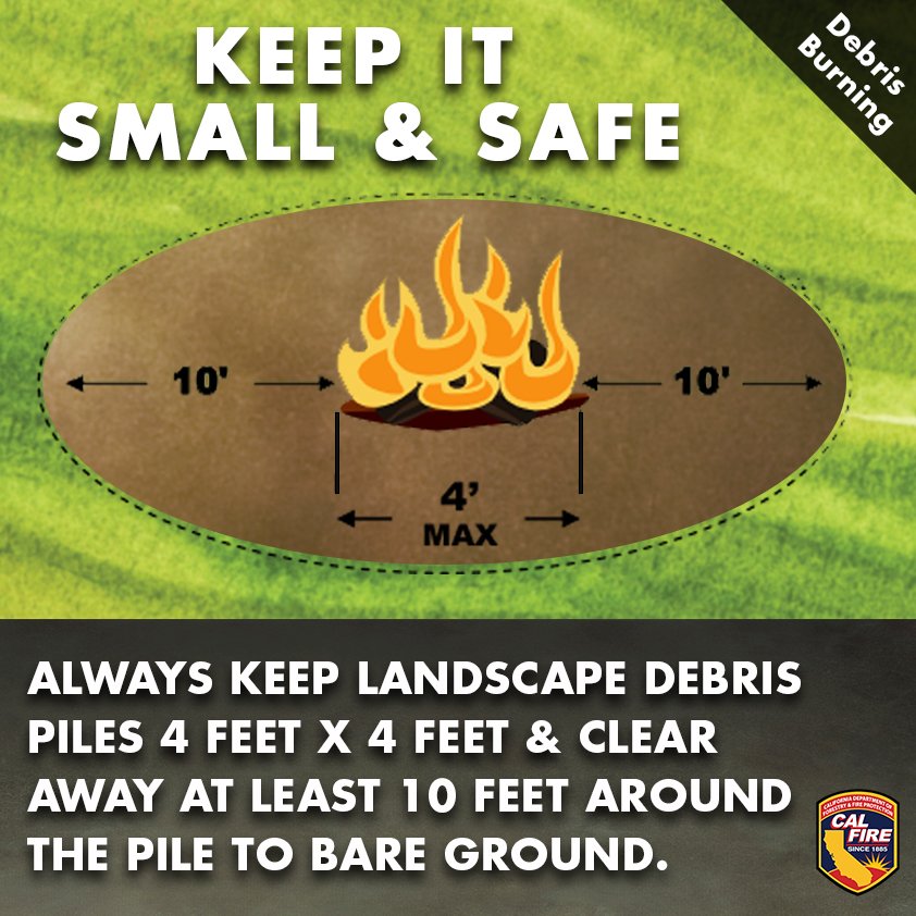 CAL_FIRE's tweet image. #DebrisBurning is one way to get rid of any landscape debris, but remember keep it small &amp;amp; safe. Learn more tips at: readyforwildfire.org/Debris-Burning/