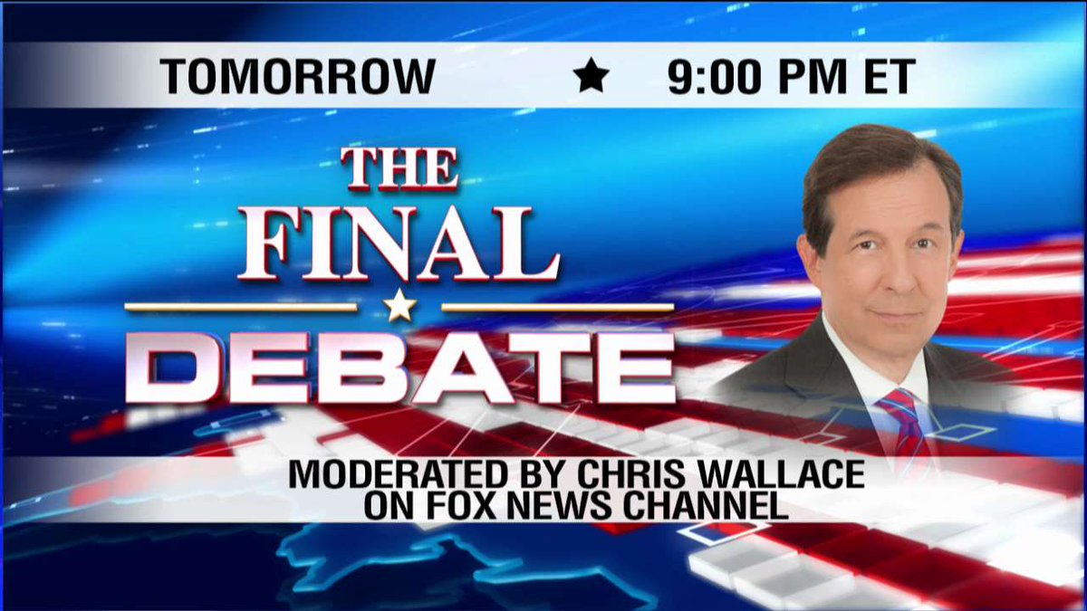 megynkelly's tweet photo. In the critical last debate, @FoxNews’ Chris Wallace is asking the questions. Don’t miss the #debate right here Weds. at 9p ET. #FoxNews2016 https://t.co/HkrDK5z44X