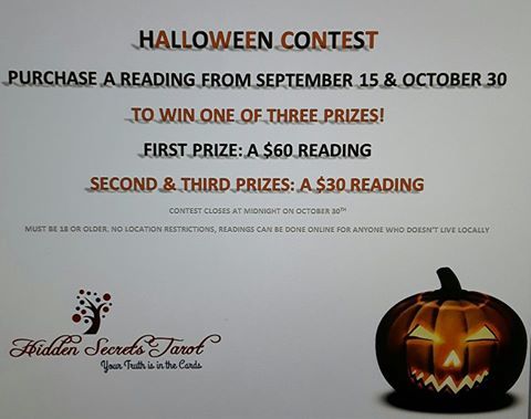 HdnCretsTarot's tweet photo. #Halloween contest is still going on! #Book your #reading #today and get a #chance to #win a #free reading!
#hiddensecretstarot #freestuff https://t.co/asB2JY9OMb