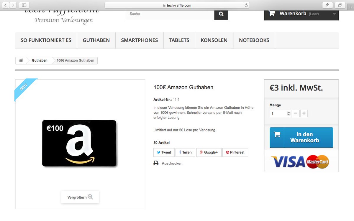 Kleiner Einsatz + ein bissl Glück = Geld verdreißig-facht :)
100€ Amazon mit einer grandiosen Gewinnchance von 1:50!
tech-raffle.com