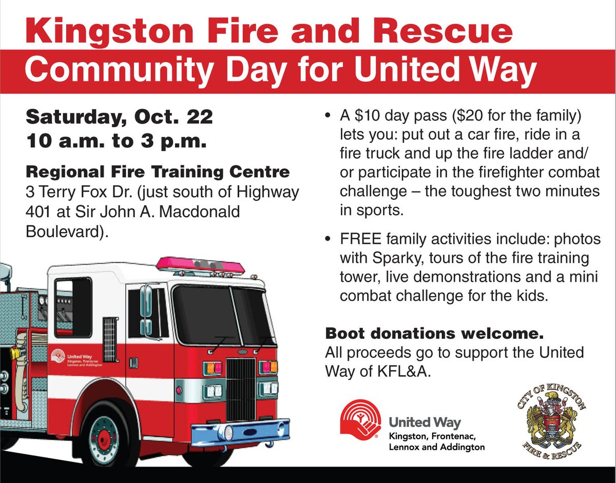 Looking for some #FamilyFun? Put out a car fire, ride the ladder &amp; more on Saturday at Community Day for <a href="/unitedwaykfla/">United Way KFL&A</a> #FireTrainingCentre