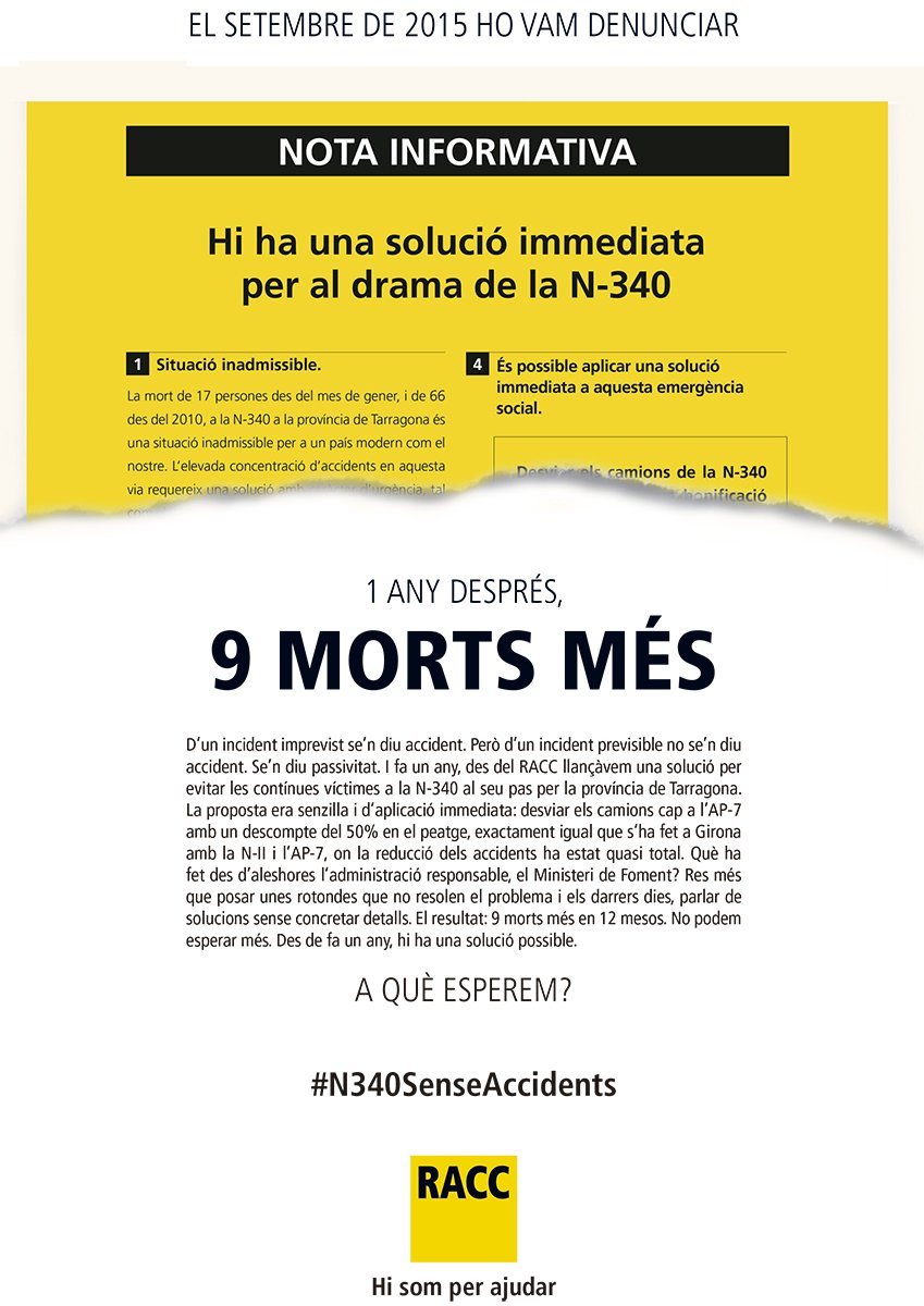 9 morts més a la #N340 a Catalunya mentre el <a href="/fomentogob/">Ministerio de Fomento</a> estudia solucions bit.ly/N340-cat A què esperem? #N340SenseAccidents