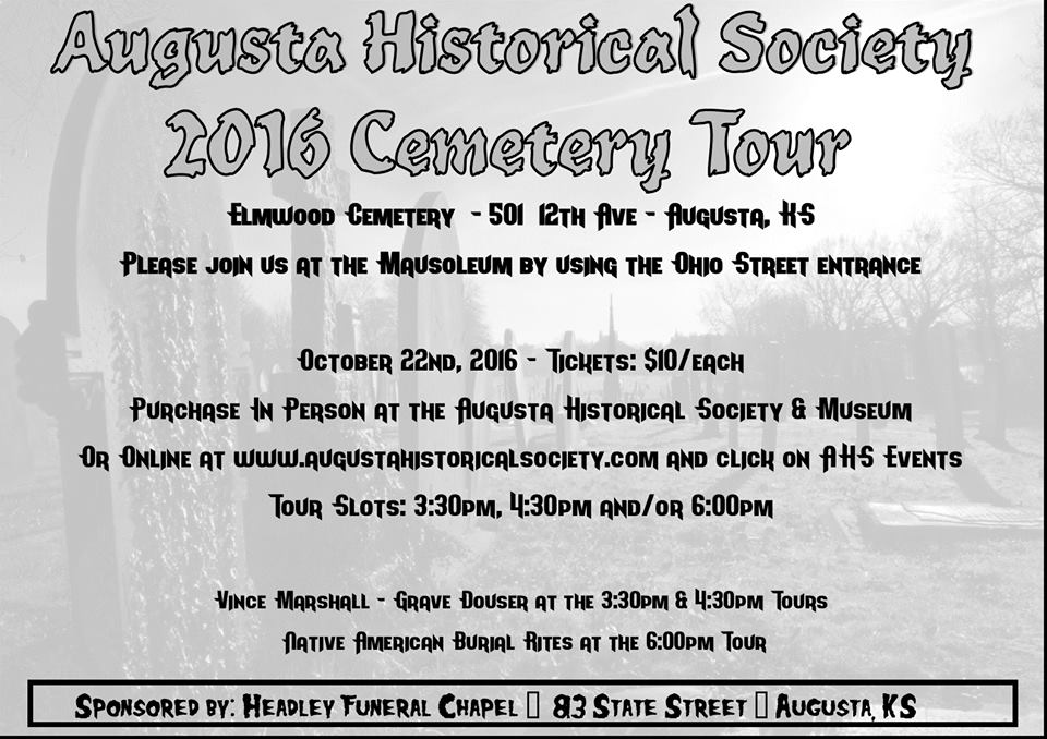 AugustaKSHistor's tweet photo. #CemeteryTour #AugustaKS  #ElmwoodCemetery #GetYourTickets

Purchase your tickets @ Cooper Drug during Witches Night Out 10/20/16 ~ 6p - 9p https://t.co/P4rPG7oBYI
