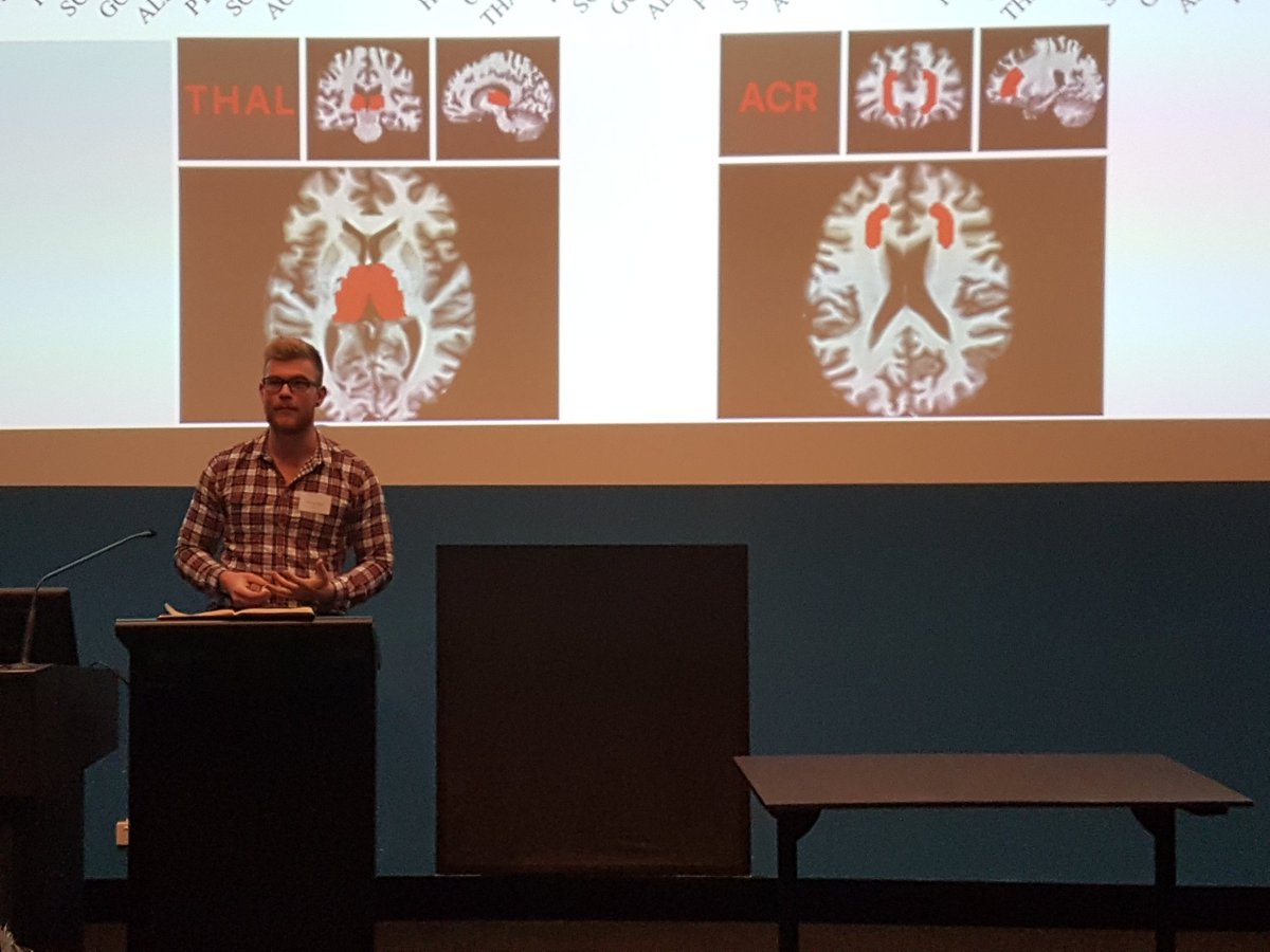 KaiHodgkin's tweet photo. Tom Shaw are #RSPHconf in front of "pretty bring pictures" showing cardiovascular health related to aging through myelation @ANU_RSAT https://t.co/u86A78ziLE