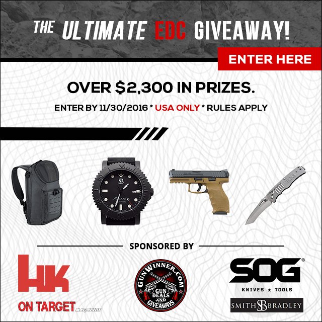 GunWinner's tweet image. Enter to win The Ultimate EDC Giveaway! HK VP9 Pistol, Smith &amp;amp; Bradley Watch, SOG Pack &amp;amp; Blade. Enter Here For Free: eql.us/zkt
