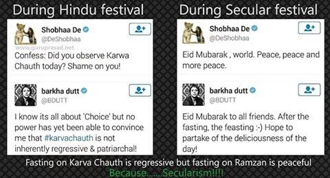 As per <a href="/BDUTT/">barkha dutt</a> and <a href="/DeShobhaa/">Shobhaa De</a> , fasting   on eid is progressive and fasting on #KarwaChauth is regressive. Hafiz saeed must be proud of both.