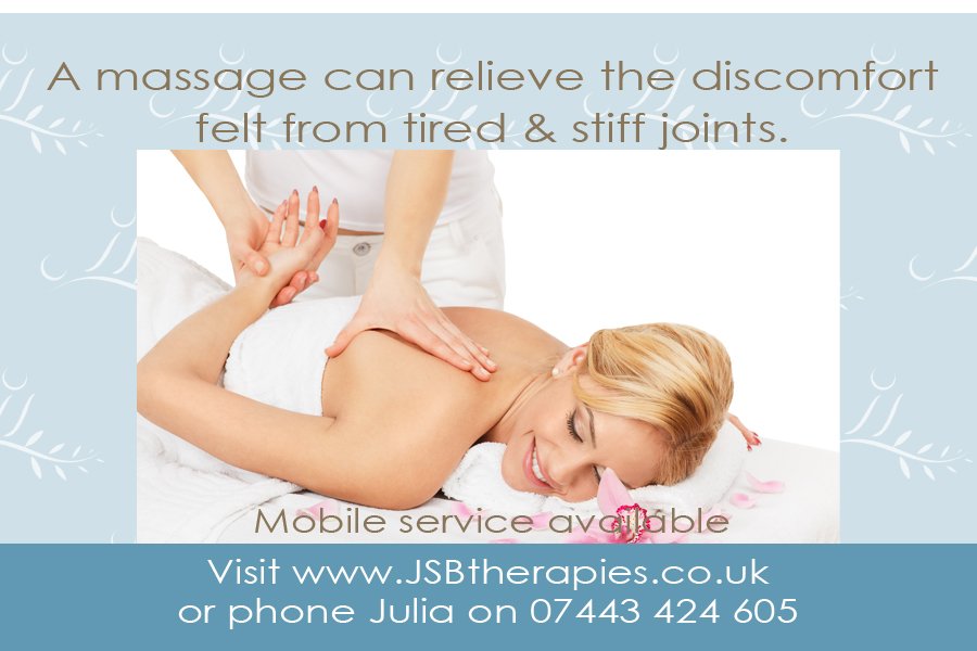 JSBtherapies's tweet photo. Tired &amp; stiff #joints? A massage can help! https://t.co/AIvJcVAqcT or call 07443 424 605 - #mobile #massage therapy in #Maidstone &amp; #Kent https://t.co/gECDGrsX6u
