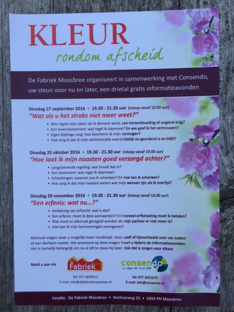 Consendo's tweet photo. 25 oktober 2016 om 19.30 uur lezing: "Hoe laat ik mijn naasten goed verzorgd achter?" https://t.co/K2x9656Ary