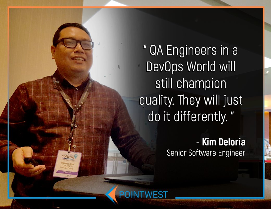PointwestPH's tweet photo. QA Engineers in a DevOps world will still champion quality. Just going to do it differently. -@kimdeloria #pointwest #softcon2016 https://t.co/0SpjhkvjHn