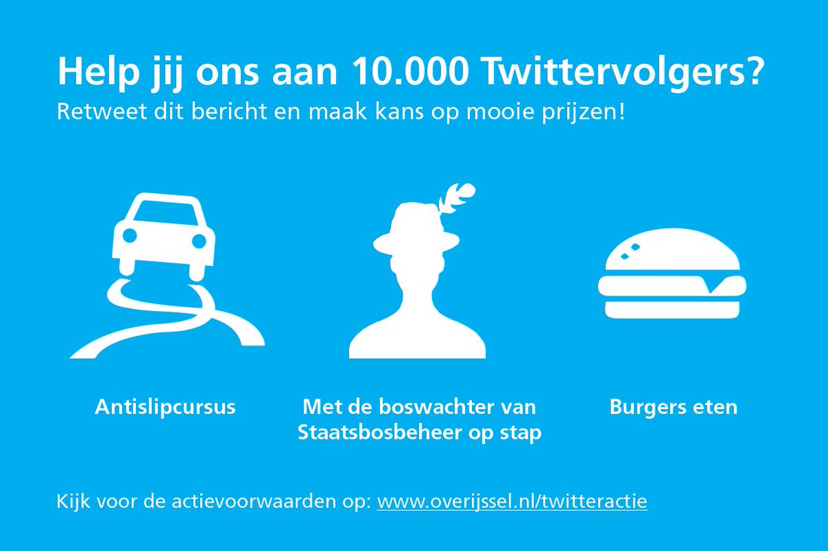 ProvOverijssel's tweet photo. RETWEET EN WIN! Help jij ons aan 10.000 Twittervolgers? Win een slipcursus, excursie met de boswachter of dinerbon https://t.co/Kpn14w18WC https://t.co/O2DBzyIm7Q