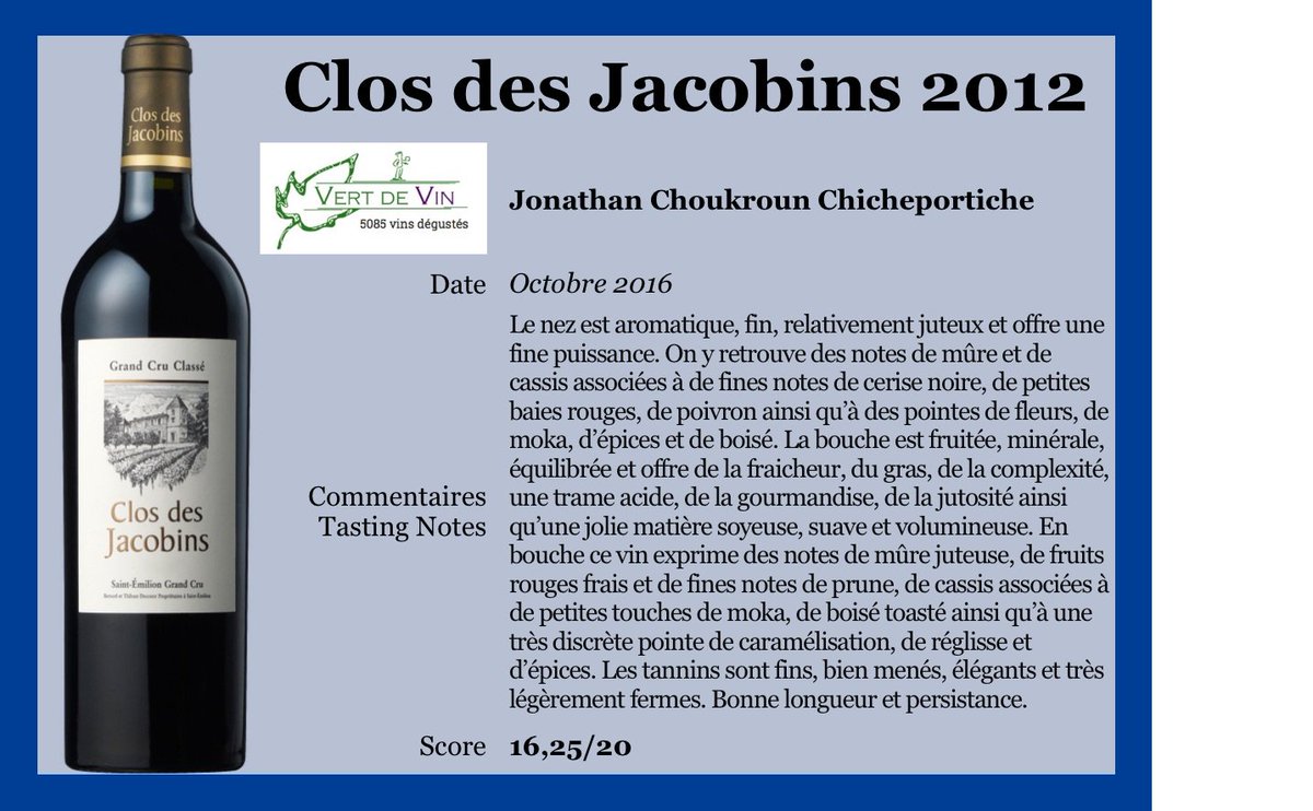 #ClosdesJacobins 2012 noté par Jonathan Choukroun Chicheportiche pour@Vert_de_Vin
#ClosJacobins #Vert_de_Vin #MTDecoster #SaintEmilion #vin