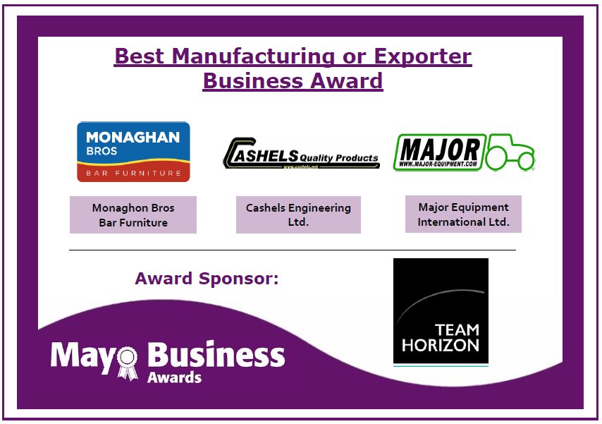 Well done to Monaghan Brothers, @Cashels &amp; <a href="/MajorEquipment/">Major Equipment</a>, the shortlist for the Best Manufacturing/Exporter Award ww.mayobusinessawards.com