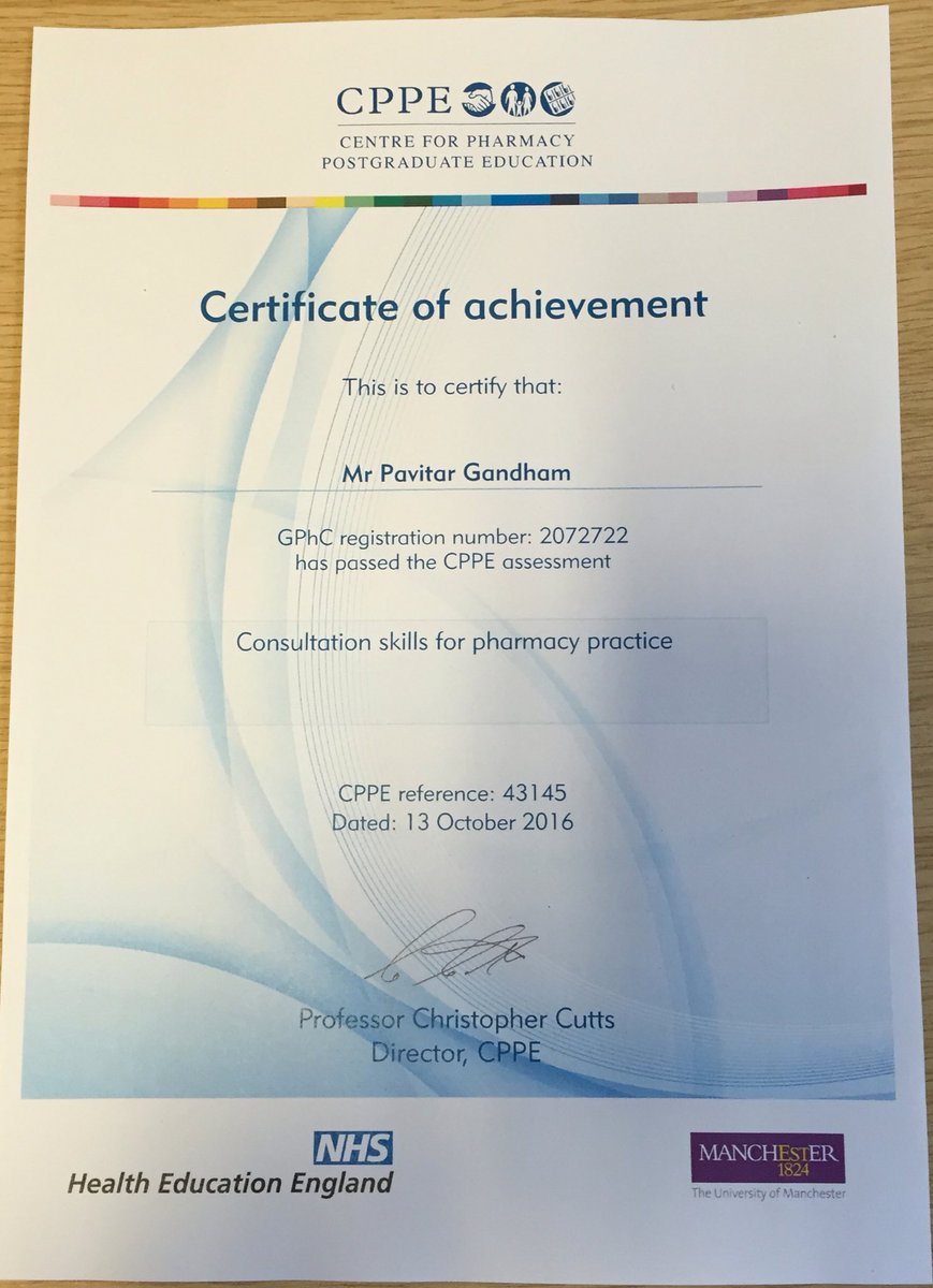 PavGandham's tweet photo. Hi @LesleyGcppe just completed my cppe consultation skills for pharmacy practice @cppeengland #csfpp https://t.co/HDWId8Z7kk