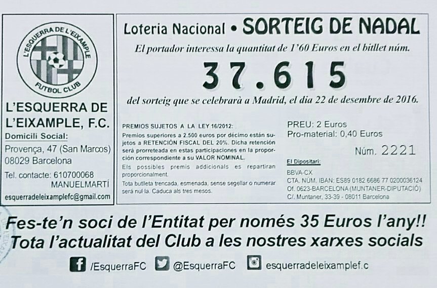 EsquerraFC's tweet photo. Participaciones para el sorteo de Navidad ya disponibles. Contactar con nosotros para comprarlas! #Eixample #BarriEixample #loteria https://t.co/RySNqc6EWC