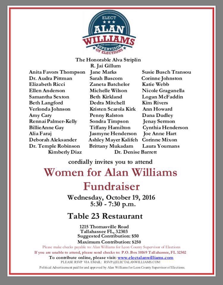 Alan4Florida's tweet photo. Join us tonight at @Table23Tally as these phenomenal women leaders lend there support to OUR campaign to be the nxt Supervisor of Elections https://t.co/VGVaugro8T
