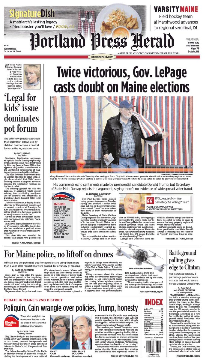 Today's Portland Press Herald front page, Wednesday, October 19, 2016 ...