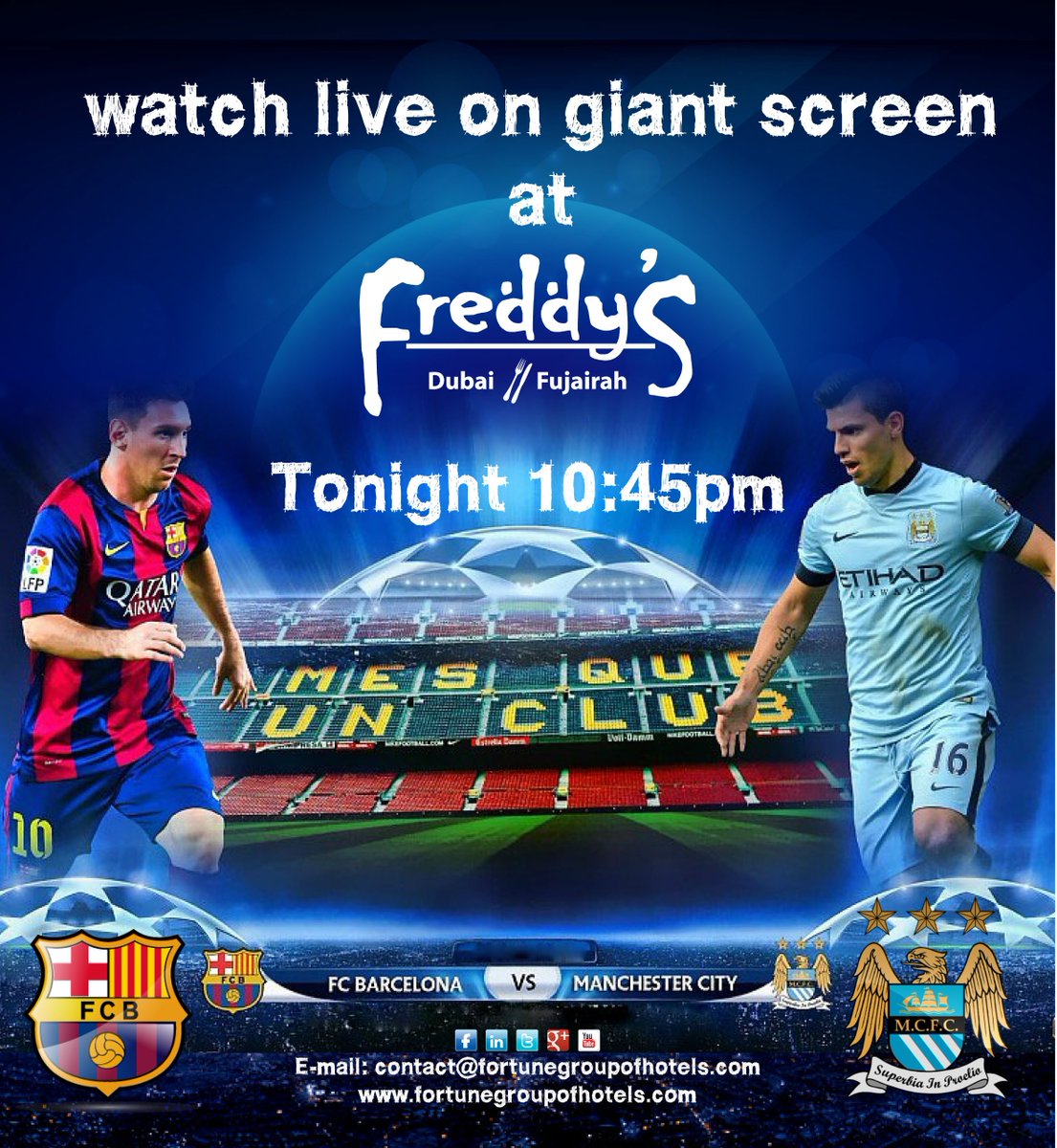 FortuneUAE's tweet photo. Watch live action on giant screen at Freddy's
Barcelona VS Manchester City
Tonight 10:45pm
For Table Booking Call: +971 55 4586800 https://t.co/FwOMMR2LYn