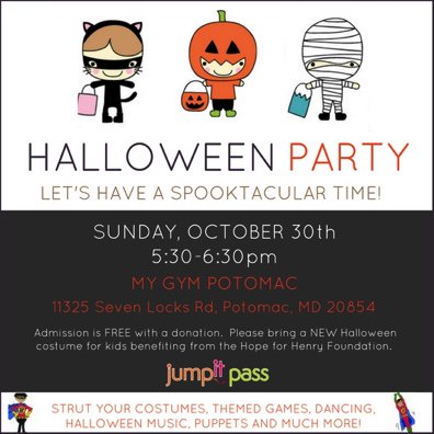 JumpItPass's tweet photo. Don't forget to RSVP for the free JumpIt Pass Halloween party at My Gym Potomac! Free admission w/donation! #jumpitpass #mygympotomac https://t.co/pxCagm0Vsj