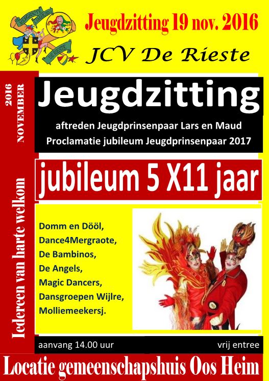 Jeugdcarnavalsvereniging JCV De Rieste, vroeger de Riestepikkerkes bestaan 5 x 11 jaar, op zaterdagmiddag de jubileumzitting. entree gratis.