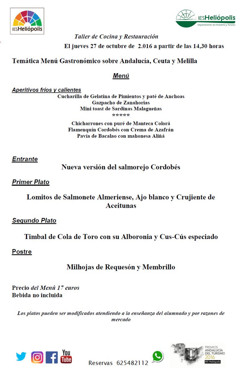iesheliopolis's tweet photo. MAGNÍFICO MENÚ PARA EL PRÓXIMO 27 OCTUBRE
Reservas 625482112 (inc. Whatsapp) o al correo reservas@iesheliopolis.org
#Menú27Octubre #MC2A https://t.co/injHBrTz0B