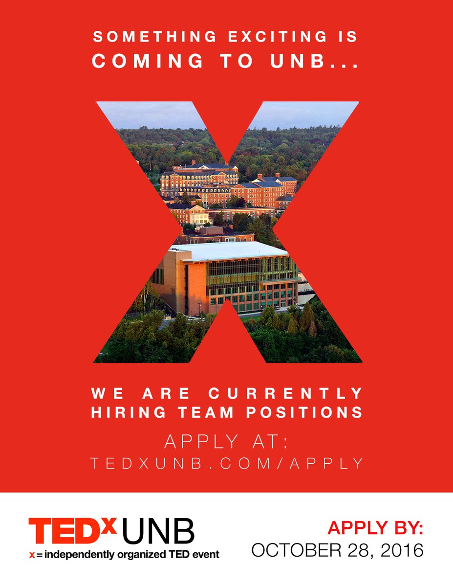 Let's spark ideas! TEDxUNB is currently hiring 6 director positions! Apply at tedxunb.com/apply.  Applications due October 28th.
