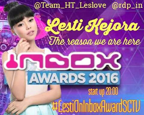 Malam ini <a href="/Lesti_Jenong_DA/">Lestykejora</a> menjadi Quest start inbox awards kita UP hastag  #LestiOnInboxAwardSCTV