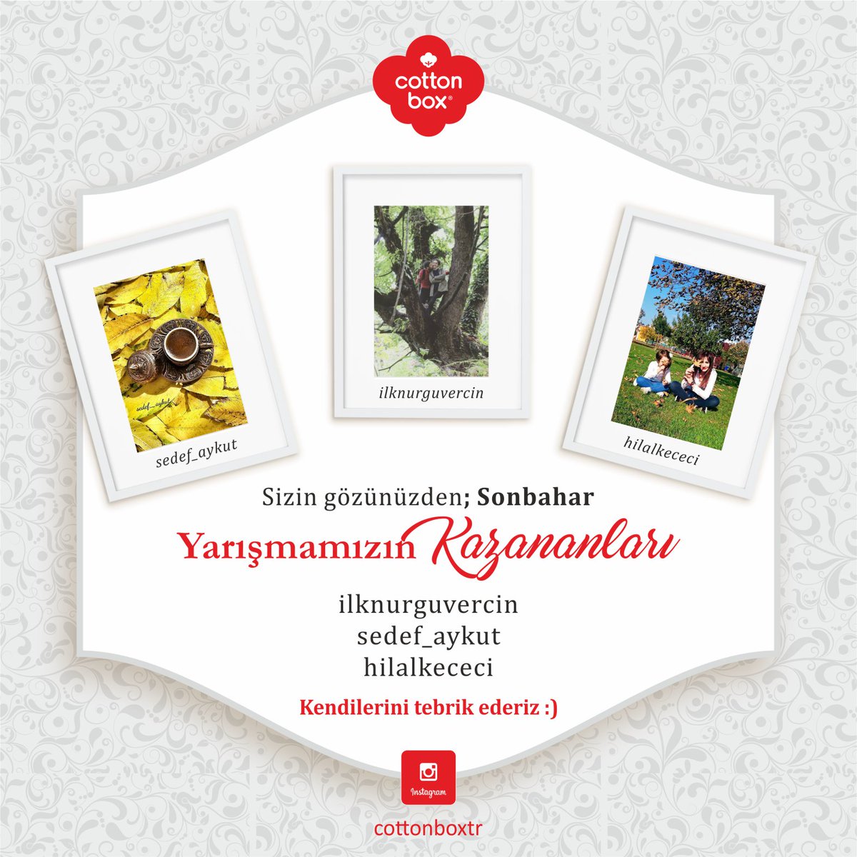 instagram "Sizin gözünüzden; Sonbahar konulu yarışmamızın kazananları
@ilknurguvercin <a href="/sedef_aykut/">sedef yavuz aykut</a> @hilalkececi 
Tebrik ederiz.