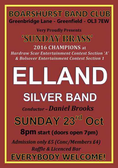Elland Silver Band will perform at the famous Boarshurst Band Club this Sunday. See you there!