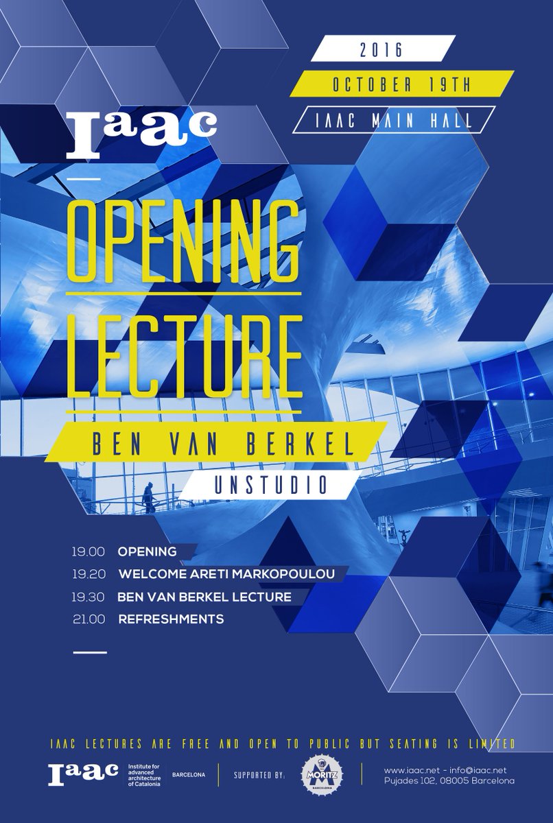 IAAC's tweet photo. Less than 4 hours to start @UNStudio_Arch Ben van Berkel's Opening #IAACLecture 2016/17! 

https://t.co/anAvuxMHdG https://t.co/S9xf3AocpK
