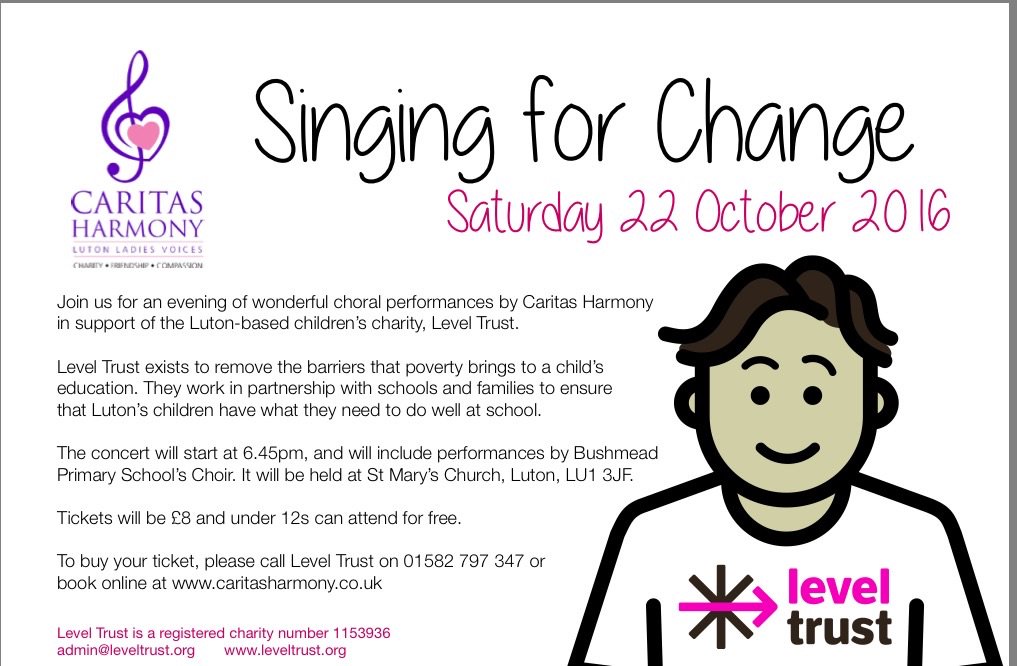 CaritasHarmony's tweet photo. Come on #Luton. Get yourself to St Mary's Luton on Saturday eve to support the vital work of #Leveltrust. https://t.co/6twLMSxIWD