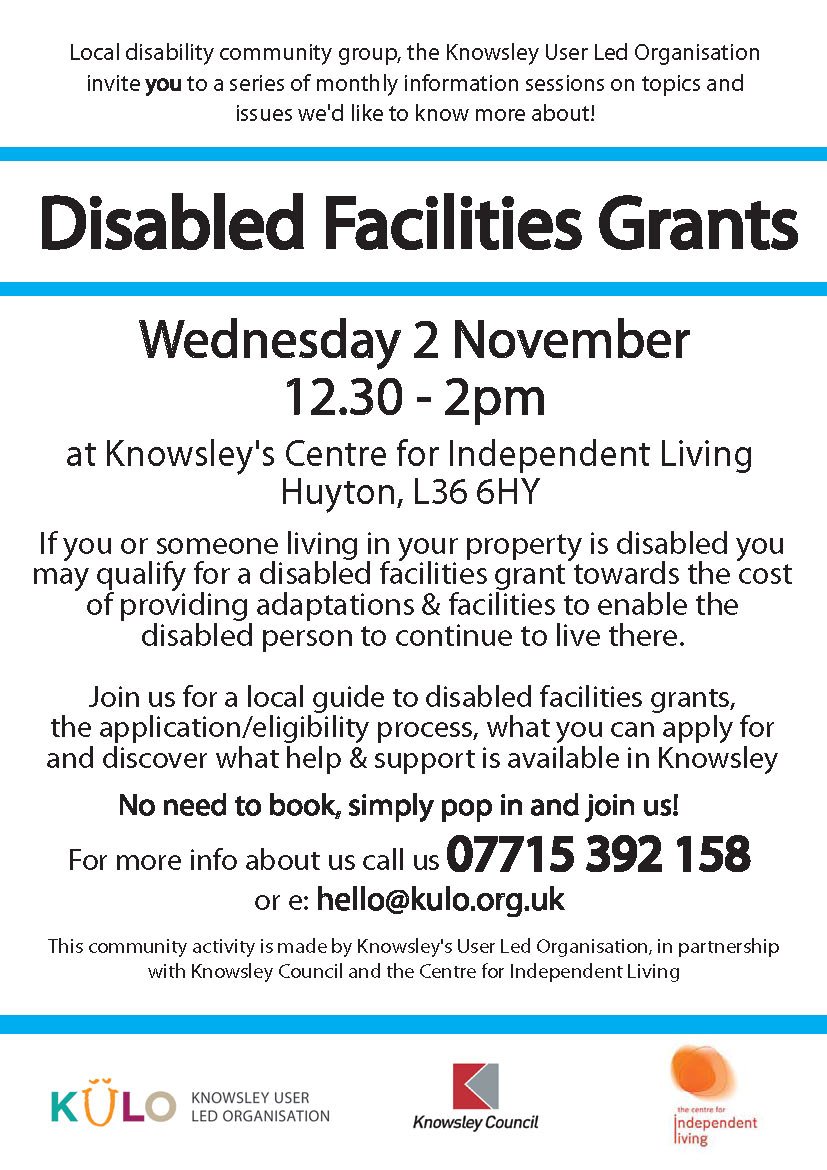 Disabled Facilities Grants is our hot topic for our Nov 2 Public Information Session #Knowsley bit.ly/2eRqiUZ