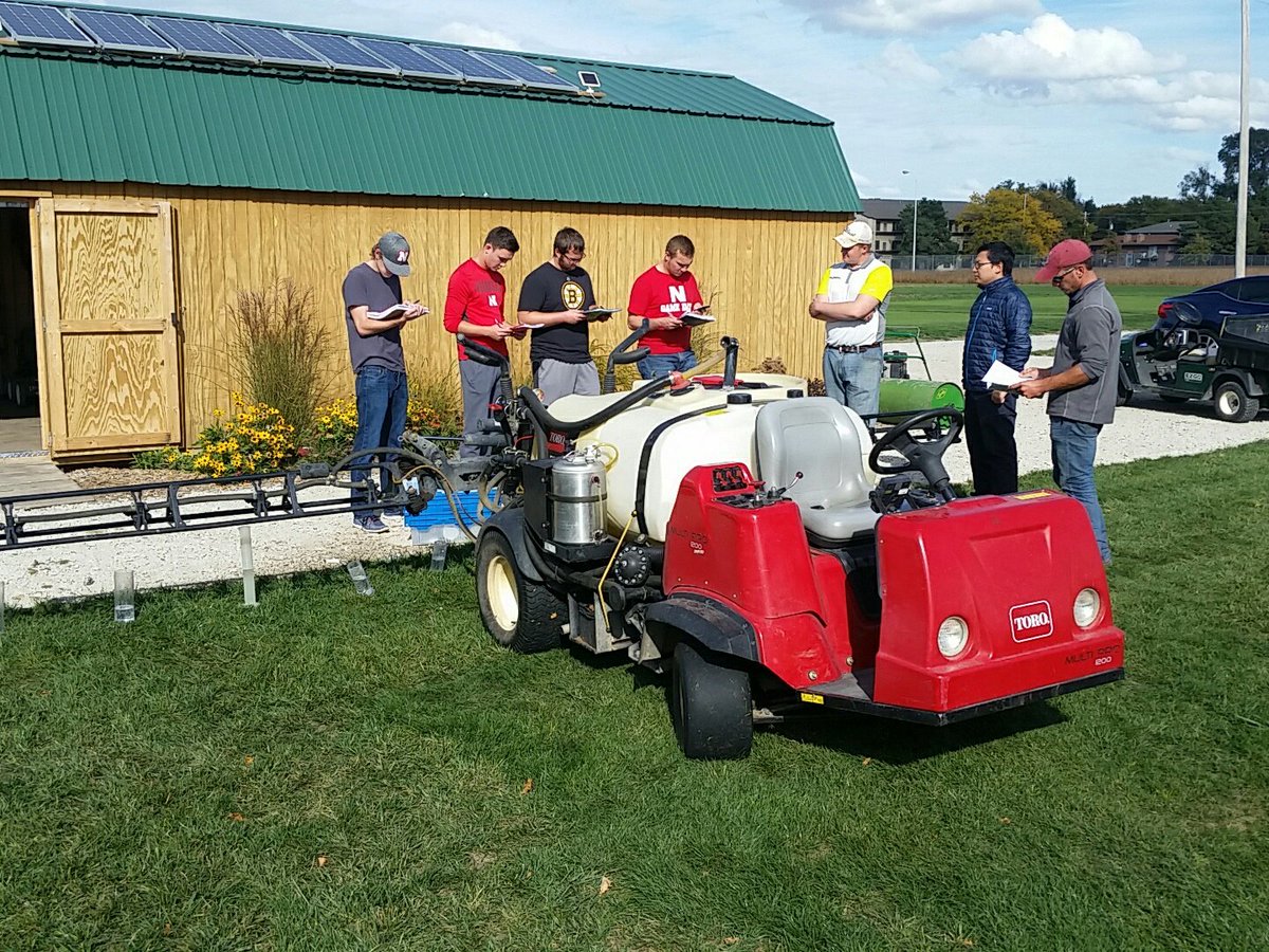 PGRBill's tweet photo. Our TLMT 229 lab focused on sprayer operation and calibration today under the expert guidance of @dmichae7 @luqiturf and @msousek2 https://t.co/omT6DlPt6Q