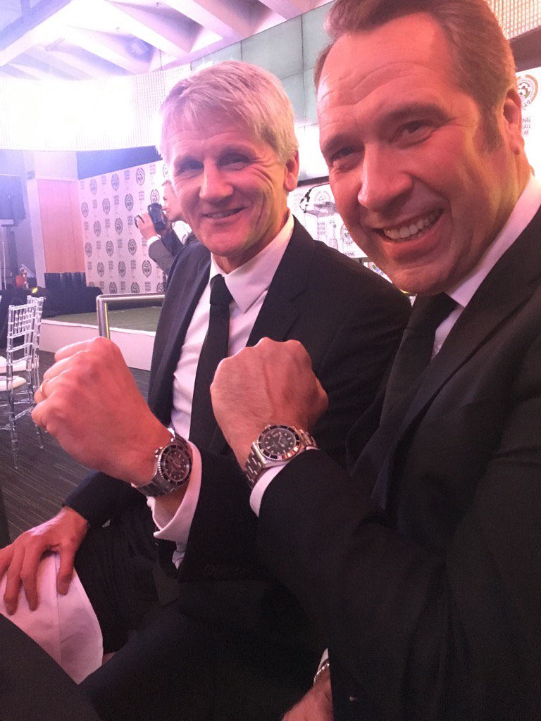 thedavidseaman's tweet image. With #johnlukic @FootballMuseum matching #arsenaldouble celebration watches!! #NFMHallOfFame